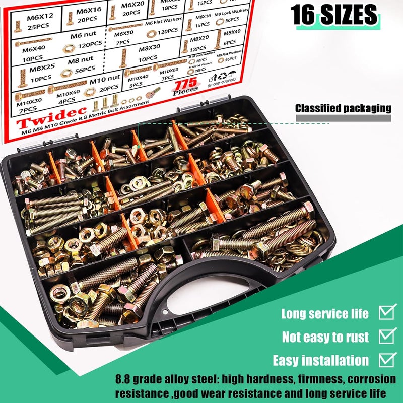 Twidec /775PCS Metric Bolt Assortment,Grade 8.8 Hex Head Nuts and Bolts Assortment Kit, M6/M8/M10(12-60mm) Heavy Duty Bolts and Nuts Kit, Flat & Spring Lock Washer Gold Zinc Plating With Storage Case - Image 4